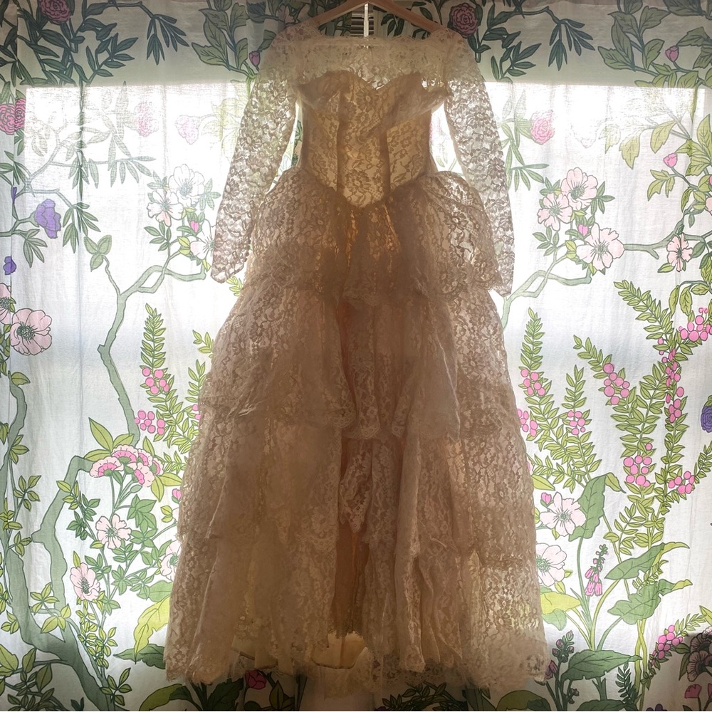 Vintage 40s/50s handmade tulle Fairy Ivory Lace Tiered Layered Wedding Dress XS - Picture 14 of 15